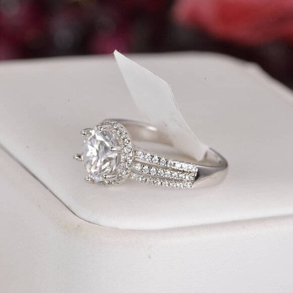 Certified 2.0 ct Halo Brilliant Cut Moissanite Engagement Ring 925 Sterling - Picture 7 of 9